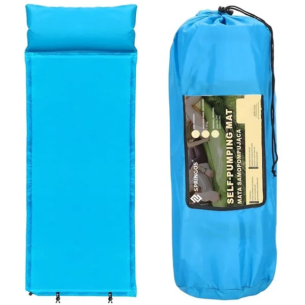 Mata samopompująca materac 186 cm z poduszką i pokrowcem mata turystyczna niebieska