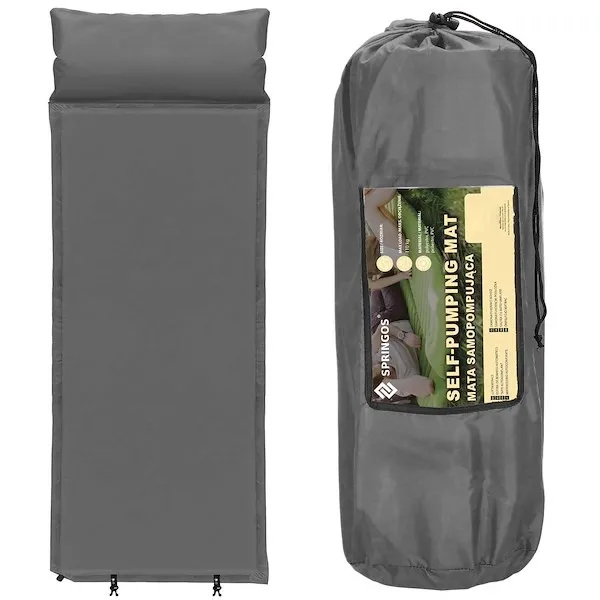 Mata samopompująca materac 186 cm z poduszką i pokrowcem mata turystyczna szara