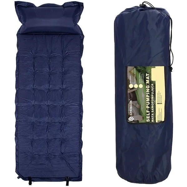 Mata samopompująca materac 193 cm z poduszką i pokrowcem mata turystyczna granatowa