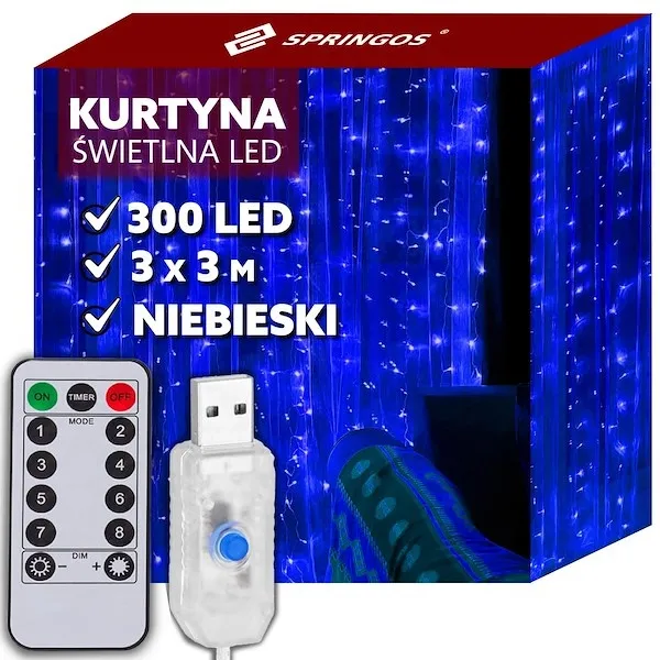 Kurtyna świetlna niebieski 300 Led 3x3 m lampki wewnętrzne z programatorem USB