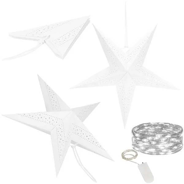 Gwiazda papierowa świąteczna biała i lampki choinkowe 10 led zimny biały