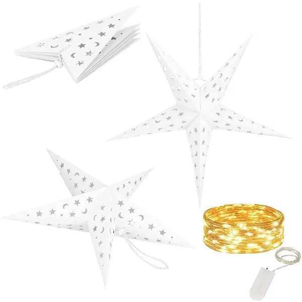 Gwiazda papierowa świąteczna biała 3D 25 cm i lampki choinkowe 10 led ciepły biały