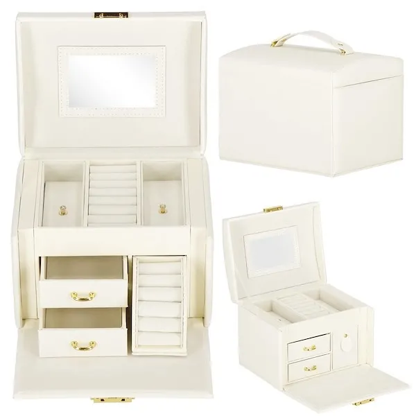 Szkatułka na biżuterię ekoskóra 17,5x12x13,5 cm kremowy kuferek z przegródkami