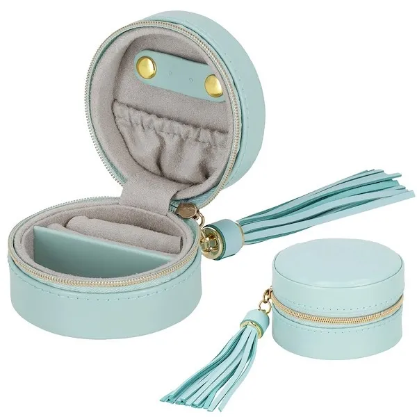 Szkatułka na biżuterię okrągła 8x5 cm miętowy kuferek z przegródkami ekoskóra