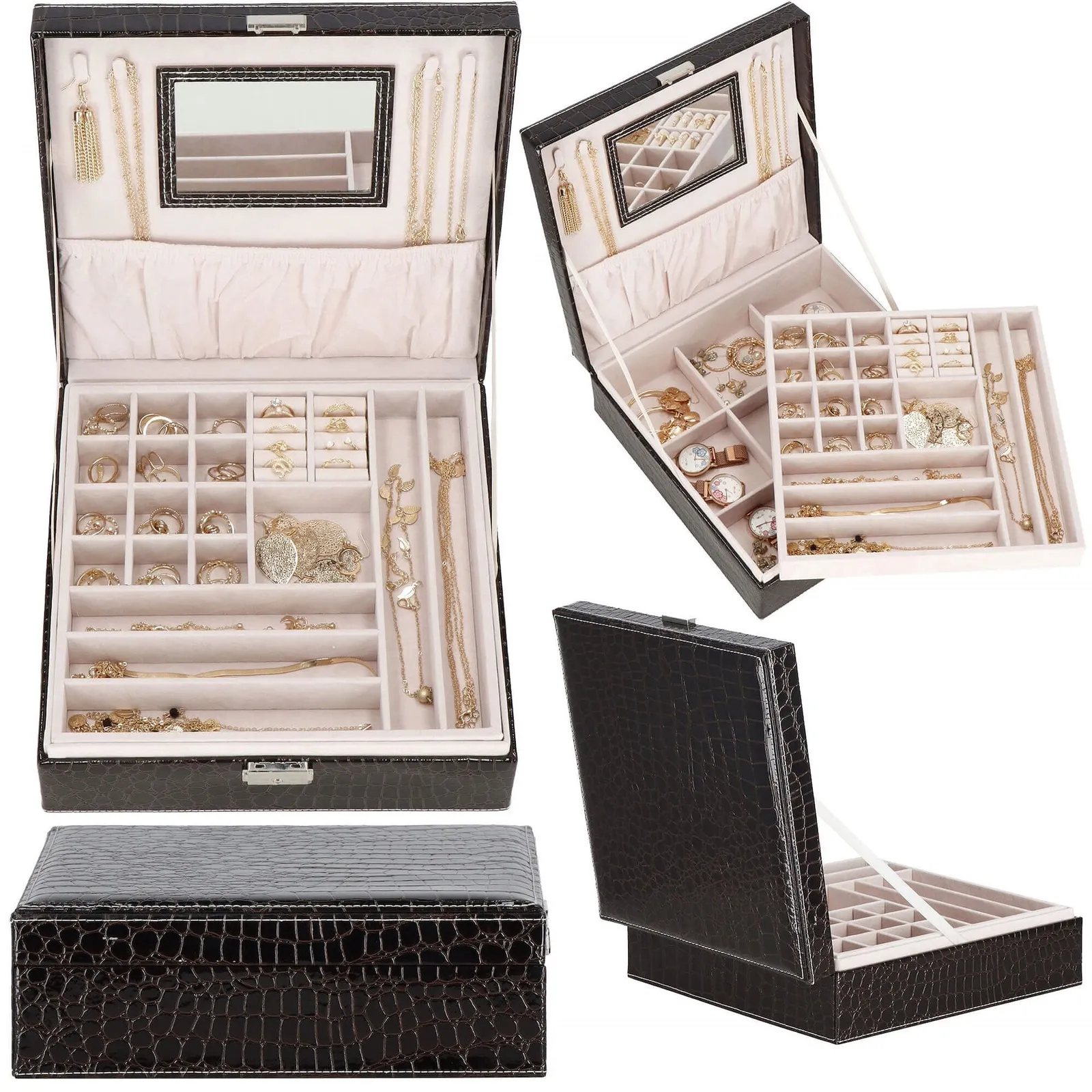 Szkatułka na biżuterię ekoskóra 26x26x8,5 cm ciemny brąz kuferek z przegródkami