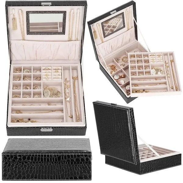 Szkatułka na biżuterię ekoskóra 26x26x8,5 cm czarny kuferek z przegródkam