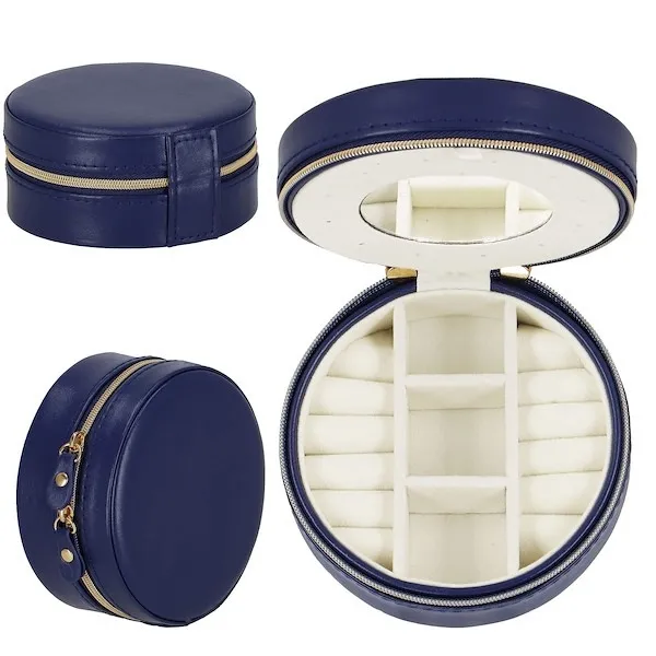 Szkatułka na biżuterię okrągła 11x5 cm granatowy kuferek z przegródkami ekoskóra