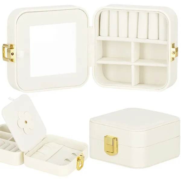 Szkatułka na biżuterię 10x10x5 cm kremowy kuferek z przegródkami ekoskóra