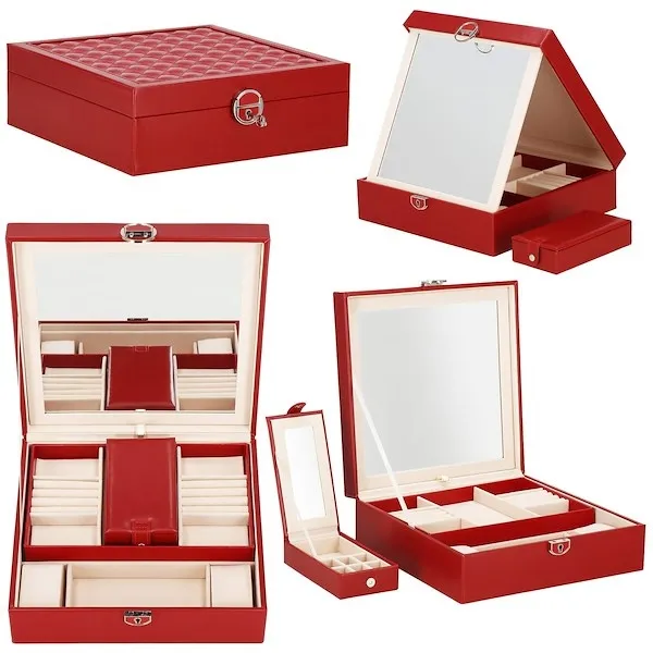 Szkatułka na biżuterię ekoskóra 25x25x8,5 cm bordowy kuferek z przegródkami