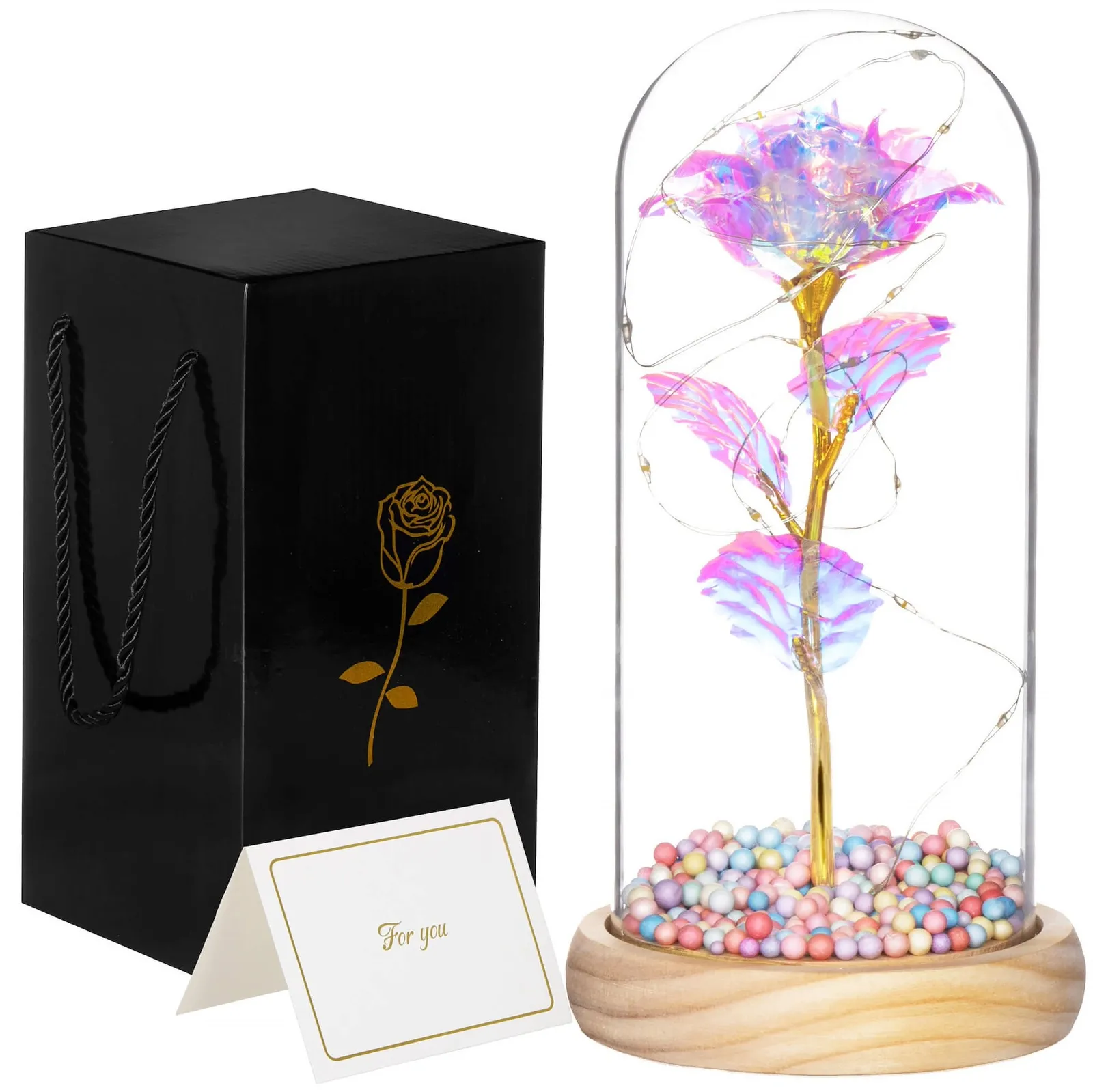 Wieczna róża w kloszu 22 cm świecąca ozdoba LED prezent kryształowa