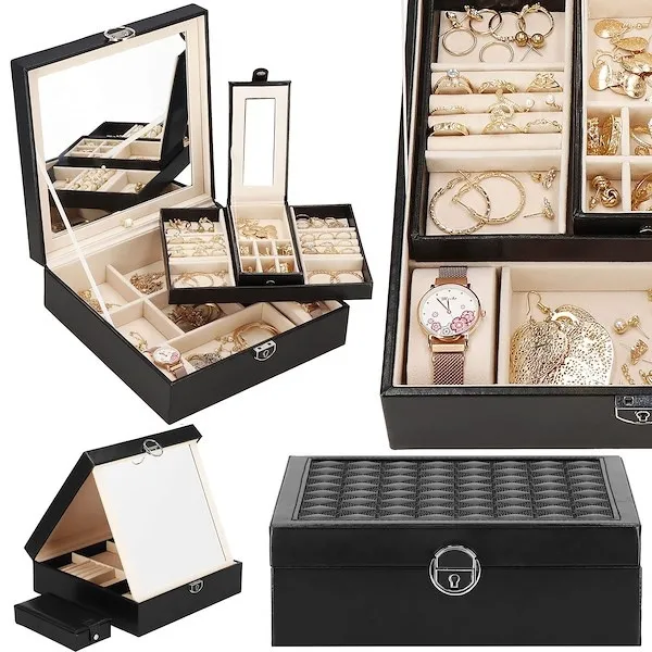 Szkatułka na biżuterię ekoskóra 25x25x8,5 cm czarny kuferek z przegródkami