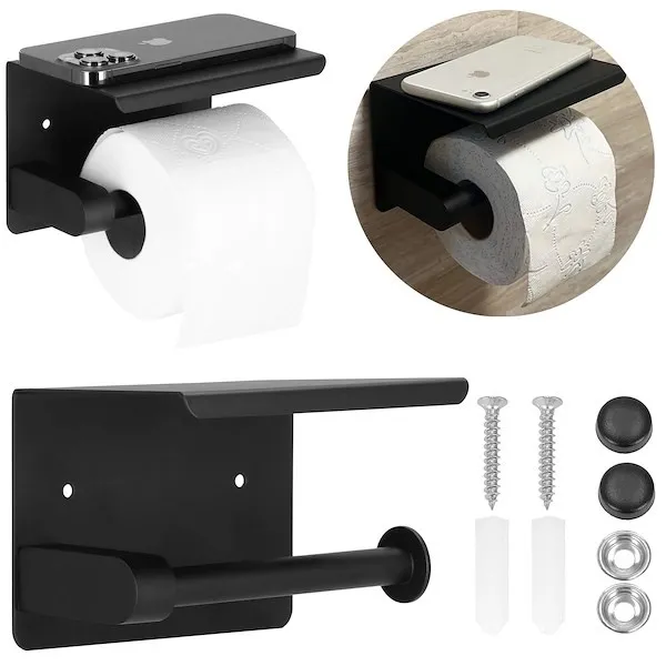 Uchwyt na papier toaletowy samoprzylepne akcesorium łazienkowe stalowe z półką czarne