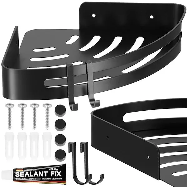 Półki łazienkowe narożne 2 szt. pod prysznic samoprzylepne 30,5x22,5 cm aluminiowe czarne