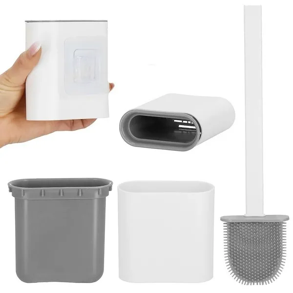 Szczotka toaletowa silikonowa do WC, z pojemnikiem biało-szara