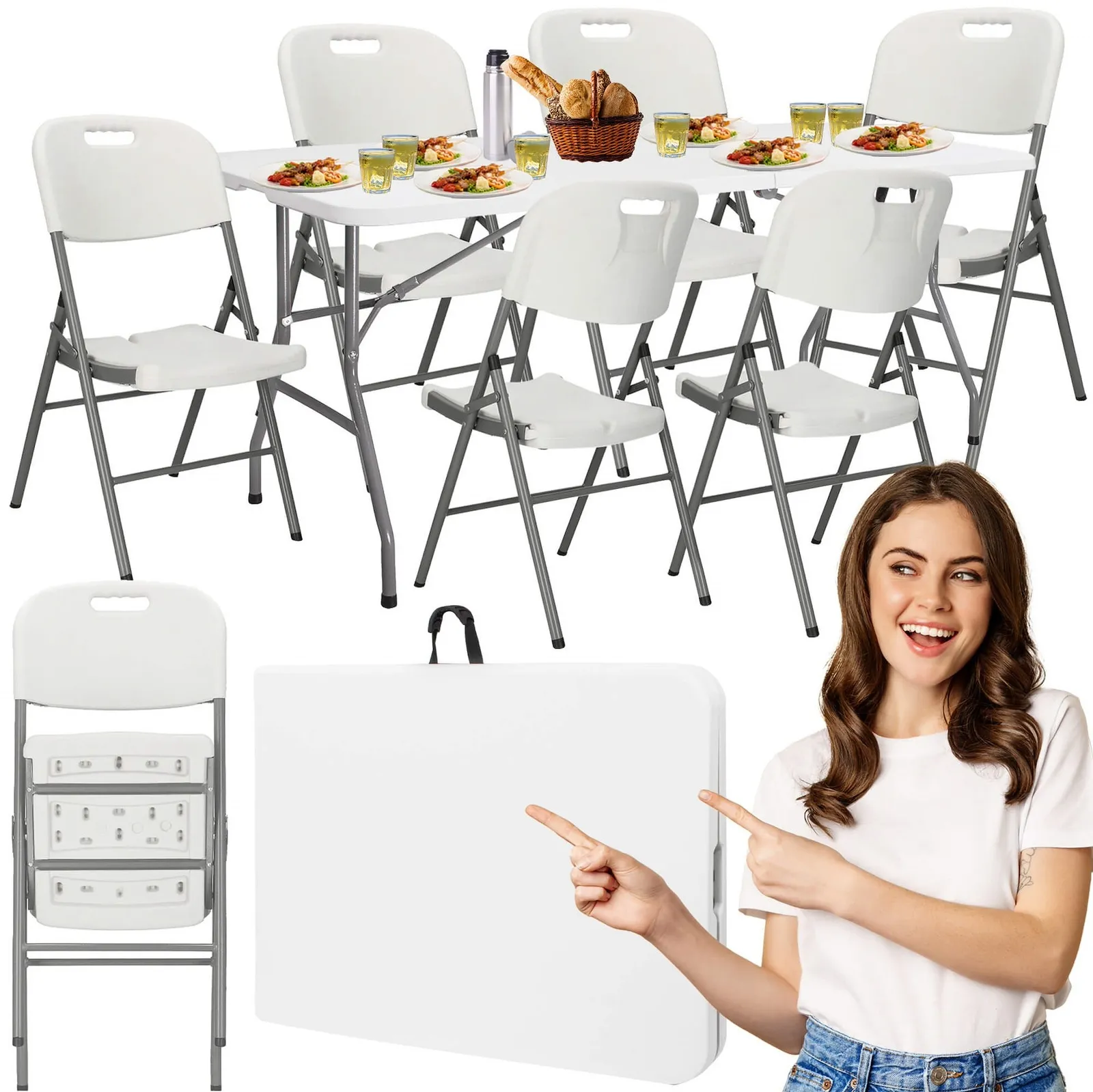 Zestaw cateringowy, turystyczny stół z 6 krzesłami składany na bankiet, zestaw biały