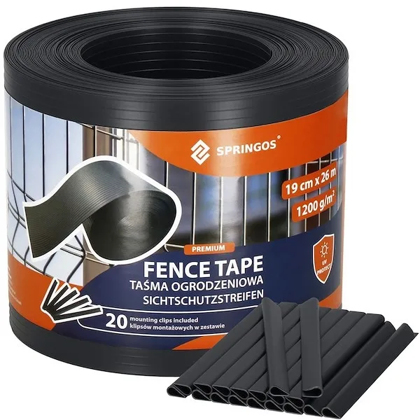 Taśma ogrodzeniowa PVC 26 m x 19 cm 1200 g/m2 z klipsami mocującymi 20 szt. antracyt