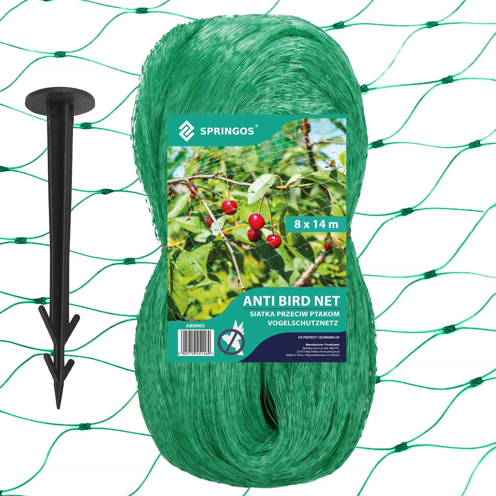 Siatka przeciw ptakom na drzewy i krzewa 8x14m z kotwami mocującymi 14 szt. zielona