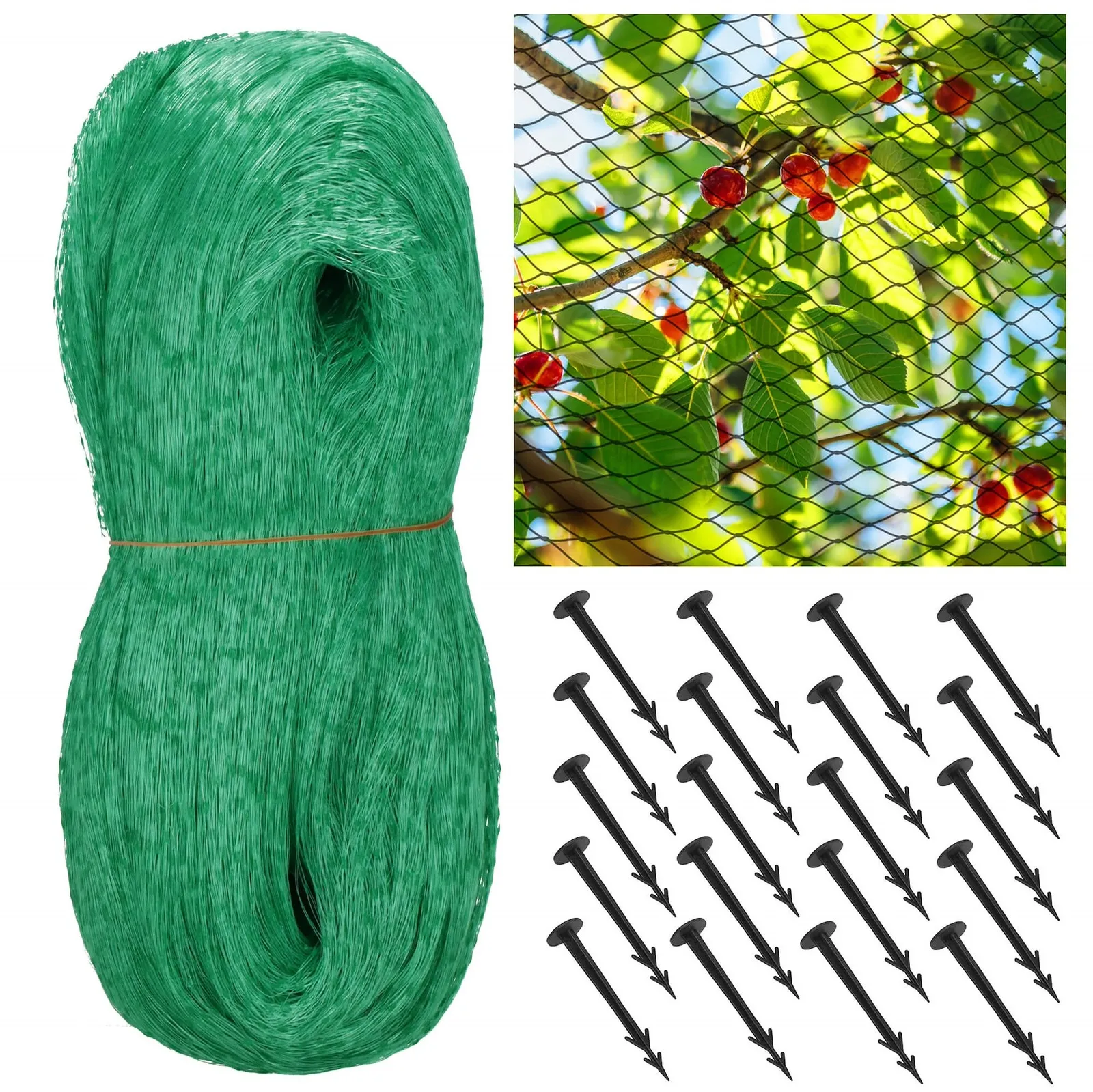 Siatka przeciw ptakom na drzewa i krzewy 10x20 m z kotwami mocującymi 20 szt. zielona