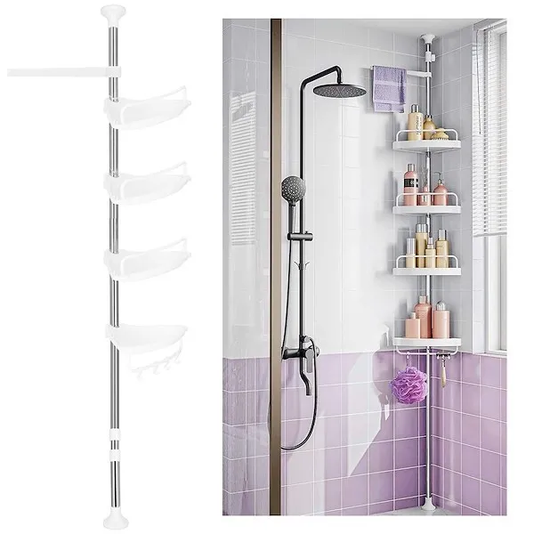 Półka łazienkowa teleskopowa pod prysznic narożna regał 4 poziomy biały