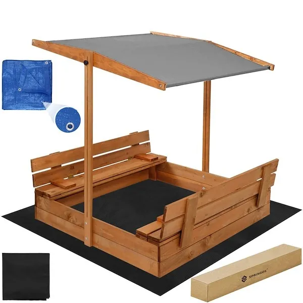 Piaskownica zamykana drewniana 120x120 cm z ławkami i daszkiem dla dzieci