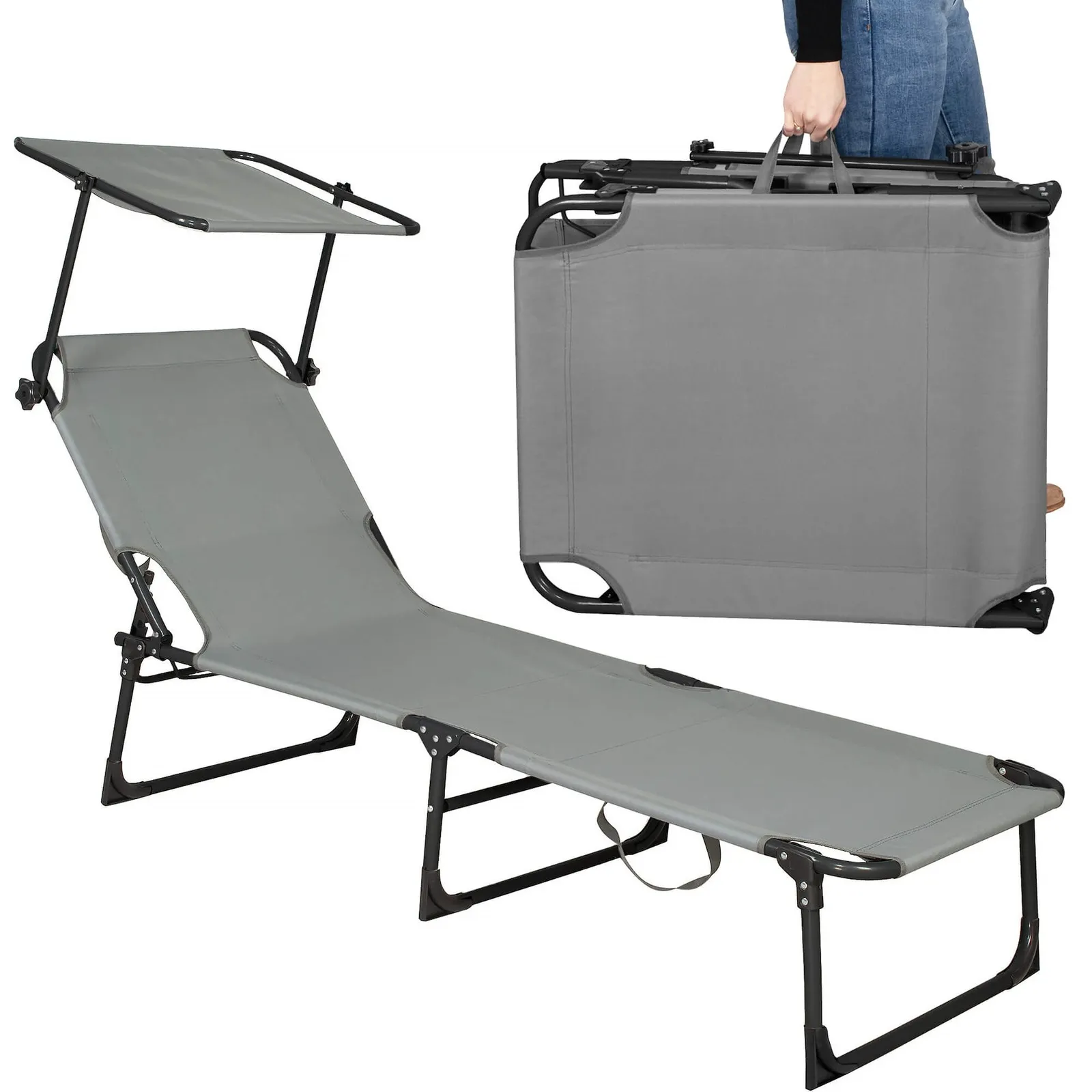 Leżak ogrodowy składany, leżanka z zagłówkiem i daszkiem szaro-czarny