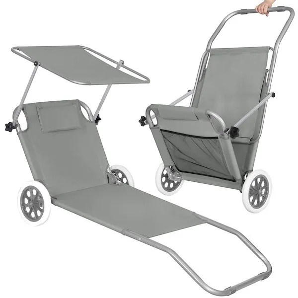 Leżak ogrodowy składany z kółkami i daszkiem szary