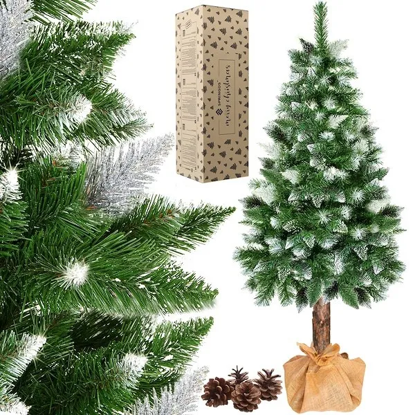 Sztuczna choinka na pniu 160 cm sosna diamentowa ośnieżona drzewko świąteczne