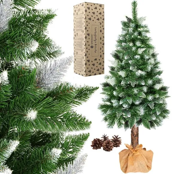 Sztuczna choinka na pniu 220 cm sosna diamentowa ośnieżona drzewko świąteczne