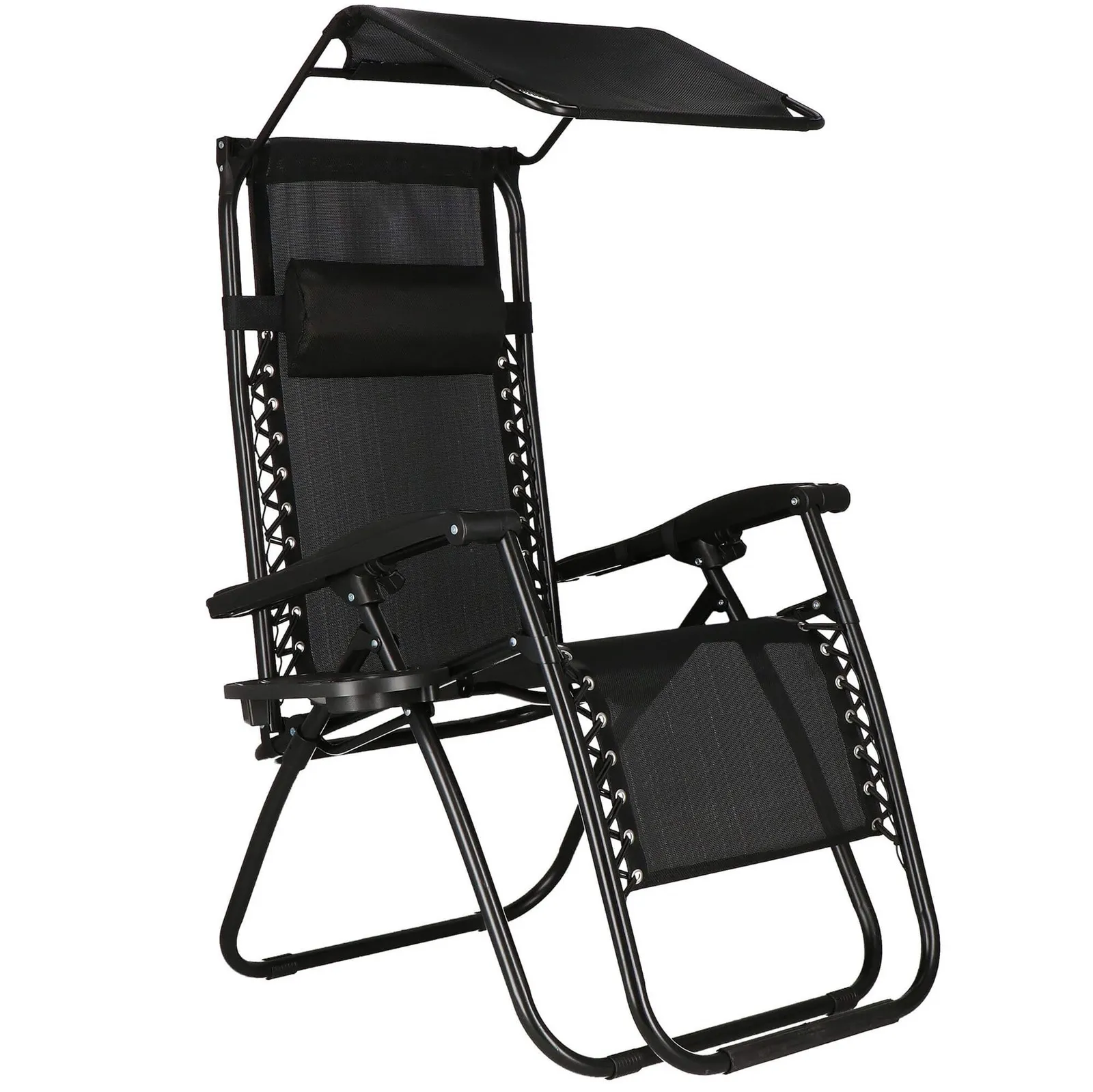 Leżak ogrodowy grawitacyjny z daszkiem i półką na napoje ergonomiczny czarny