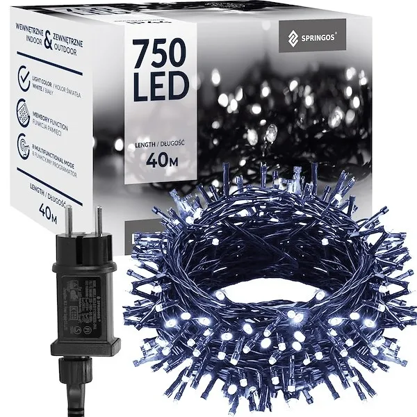 Lampki choinkowe 750 LED 40 m zimny biały +flash zewnętrzne oświetlenie świąteczne