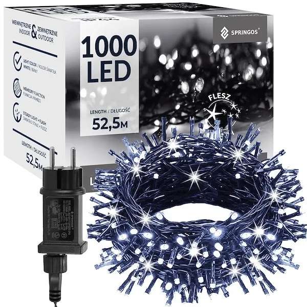 Lampki choinkowe 1000 LED 50 m zimny biały + flash zewnętrzne oświetlenie świąteczne