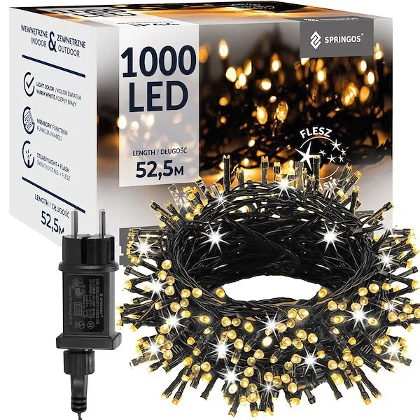 Lampki choinkowe 1000 LED 50 m ciepły biały + flash zewnętrzne oświetlenie świąteczne