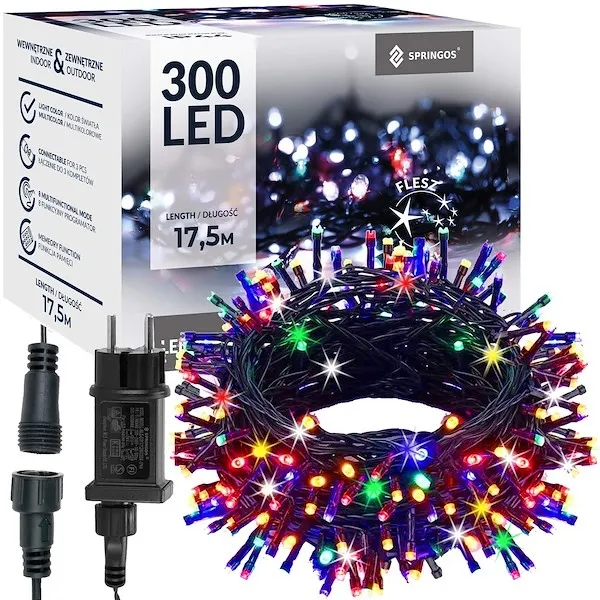 Lampki choinkowe 300 LED 15 m multikolor + flash zewnętrzne oświetlenie świąteczne