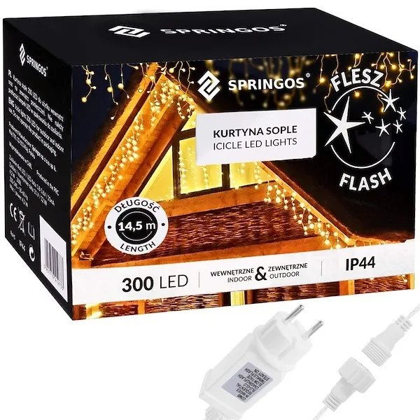 Kurtyna świetlna 300 led girlanda, lampki wewnętrzno-zewnętrzne sople biały ciepły + flash
