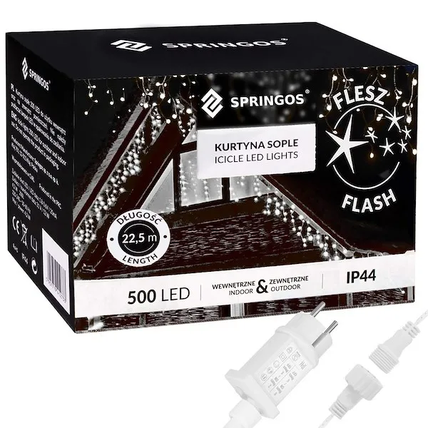 Kurtyna świetlna 500 led girlanda, lampki wewnętrzno-zewnętrzne sople biały zimny + flash