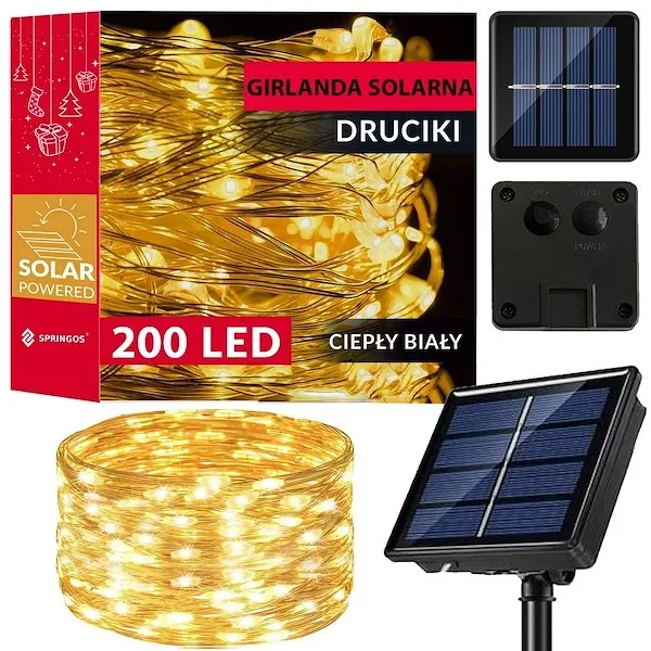 Lampki świąteczne 200 Led 22 m ciepły biały oświetlenie choinkowe solarne druciki