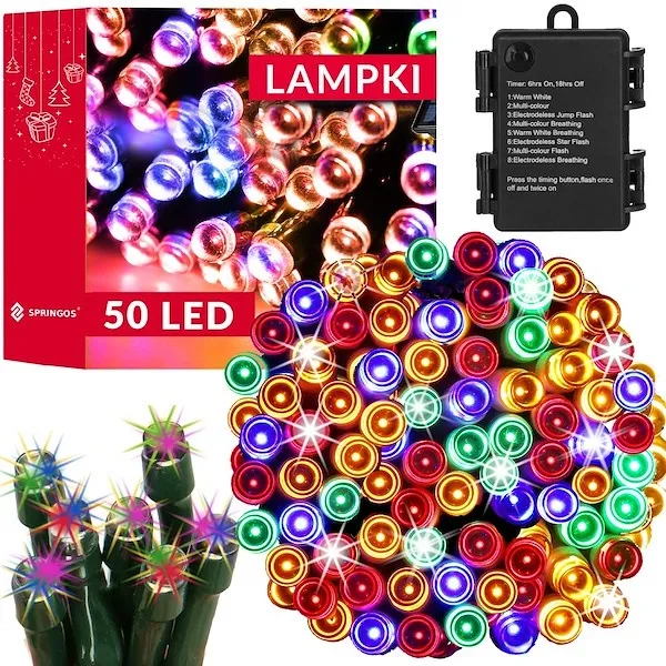 Lampki choinkowe 50 LED na baterie IP44 multikolorze z programatorem