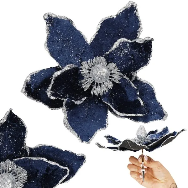 Poinsecja sztuczny kwiat z klipsem, gwiazda betlejemska granatowa ze srebrnym brokatem