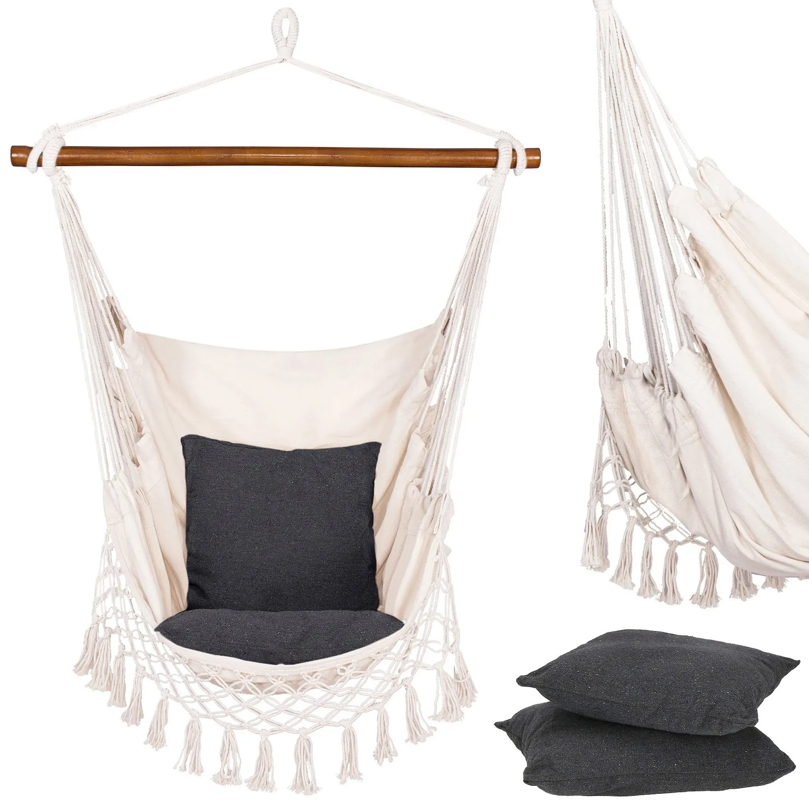 Brazylijski hamak z frędzlami i szarymi poduszkami impregnowany