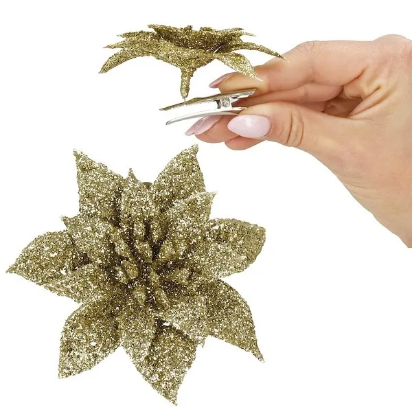 Poinsecja 2 szt. sztuczny kwiat, gwiazda betlejemska złota z brokatem, na klipsie