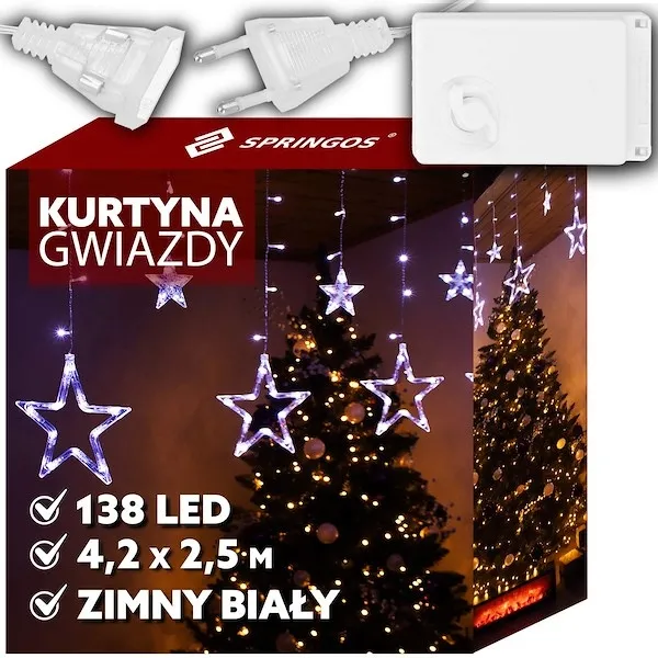 Kurtyna świetlna 138 Led gwiazdy lampki wewnętrzne światełka sople zimny biały