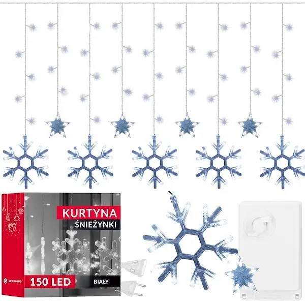 Kurtyna świetlna 150 Led gwiazdy śnieżynki, lampki wewnętrzne światełka sople biały zimny