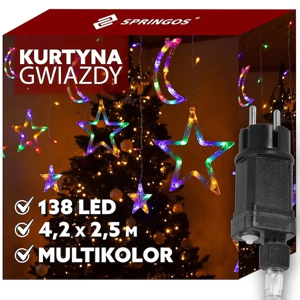 Kurtyna świetlna 138 Led gwiazdy i księżyce światełka świąteczne sople multikolor