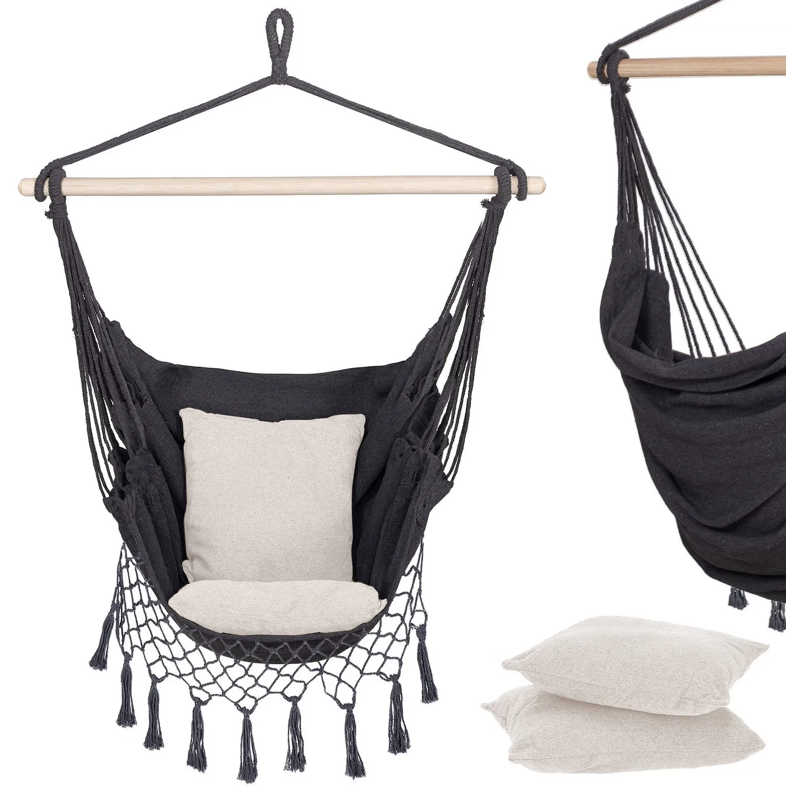 Hamak brazylijski z poduszkami 130x100cm fotel wiszący szaro-kremowy