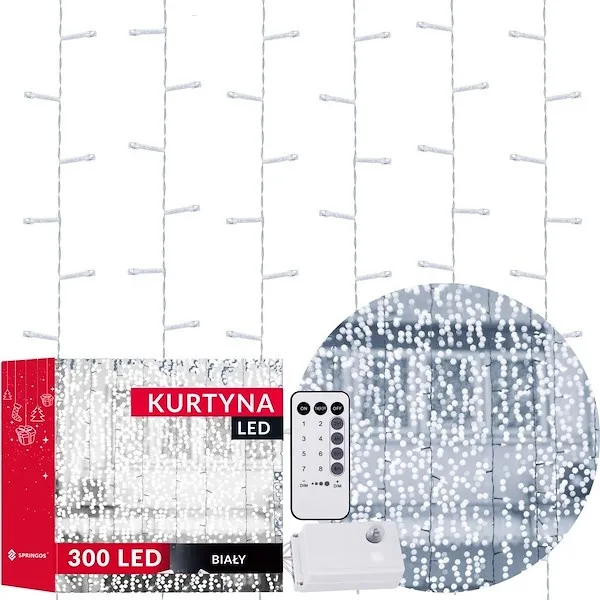 Kurtyna świetlna 300 led lampki choinkowe sople biały zimny