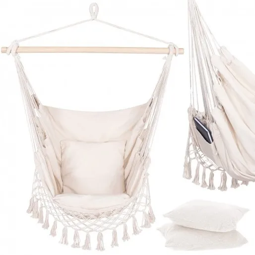 Hamak brazylijski z poduszkami 130x100cm fotel wiszący z frędzlami kremowy