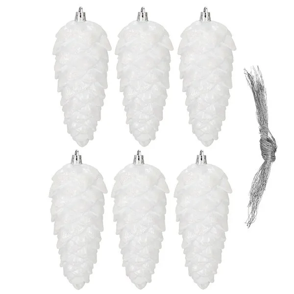 Zawieszki świąteczne szyszki 6 szt. ozdoby choinkowe 14 cm bombki biały brokat