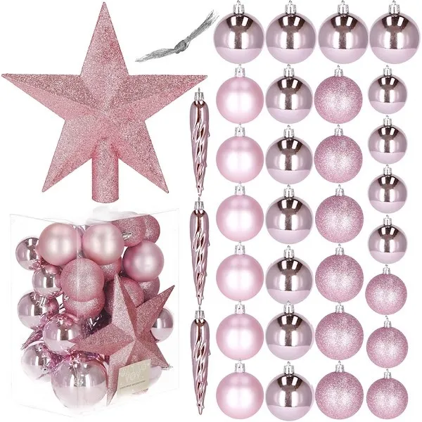Bombki choinkowe 33 szt. zawieszki na choinkę ozdoby świąteczne z gwiazdą różowy