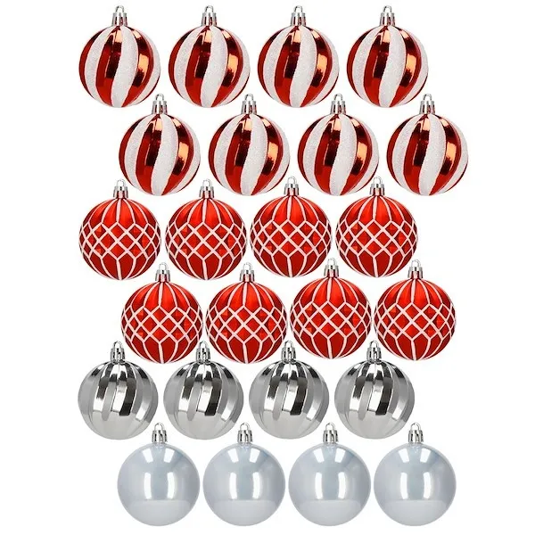 Bombki choinkowe 24 szt. zawieszki na choinkę ozdoby świąteczne czerwone, szare, srebrne