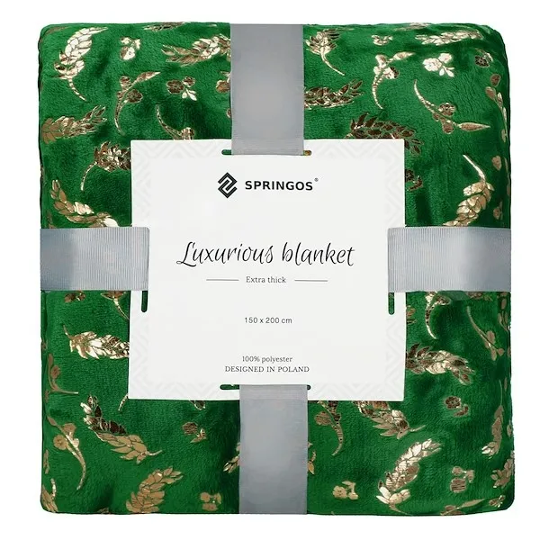 Narzuta na łóżko koc 150x200 cm pled zielony, złoty na kanapę